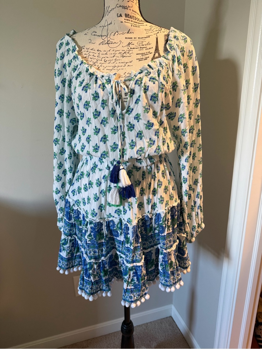 Boho White & Blue Floral Tassel Mini Dress